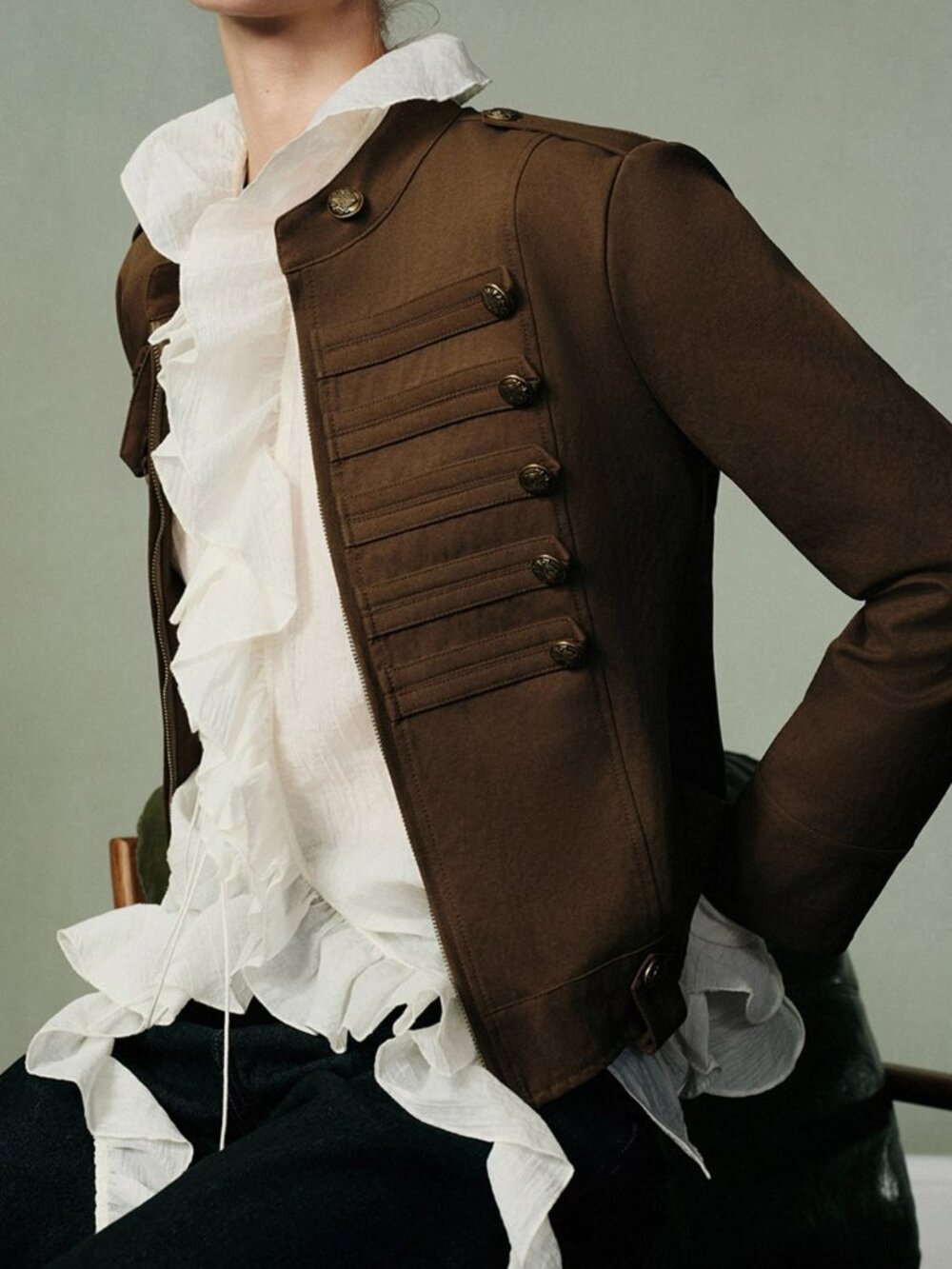 Mustard Yellow Casual Women's Slim Fit Ruffle Stand Collar Jacket
